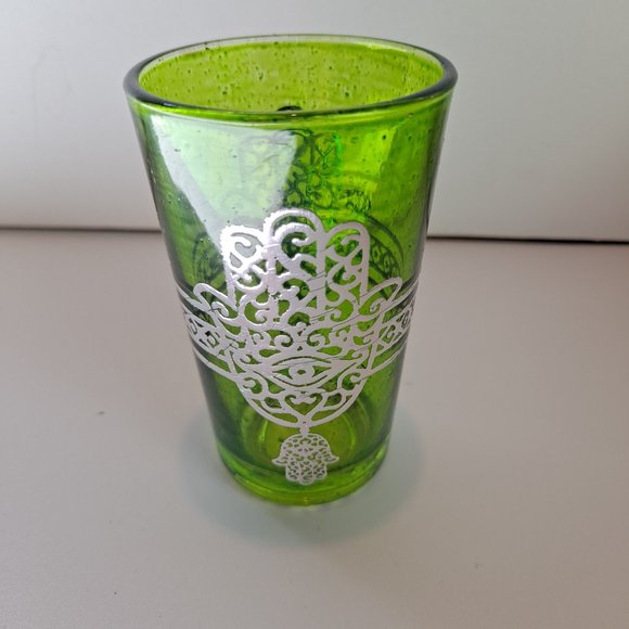 Turkish Tea Glass w/Hamsa Hand - Green w/Silver Guilding - Picture 2 of 6